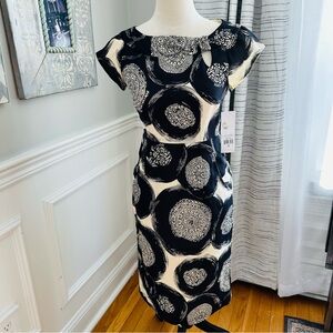 NWT Nanette Lepore 100% Silk Black and Cream Circle Print Midi Dress w Pockets